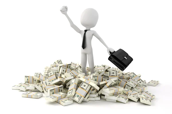 Homem 3d homem de negócios em pé no meio da pilha de dinheiro — Fotografia de Stock