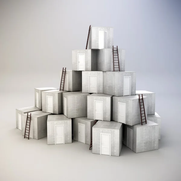 Boîtes 3D avec portes et échelles, concept de réussite commerciale — Photo