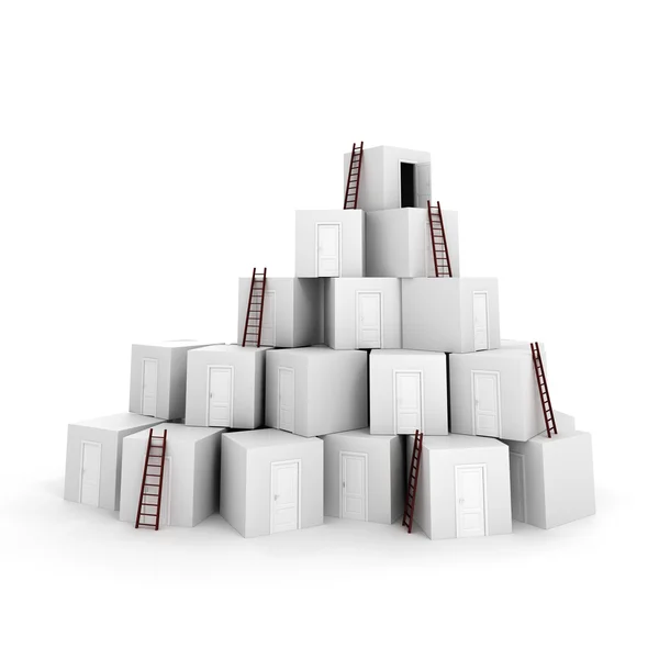 Cajas 3d con puertas y escaleras, concepto para el éxito empresarial —  Fotos de Stock