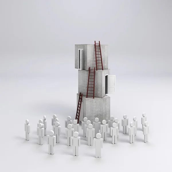 3D πλήθος άνθρωπος και στοίβα κουτιών, επιτυχία στην επιχειρηματική ιδέα — Φωτογραφία Αρχείου