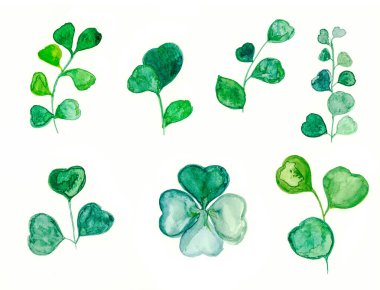 Düğün, selamlaşma, duvar kağıtları, moda, arka plan vs. için yeşil yaprak dalları koleksiyonu ile el yapımı suluboya illüstrasyon seti.
