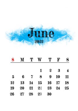 2022 Haziran ay takvim şablonu minimalist tasarım