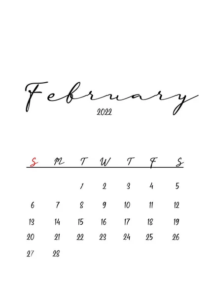 2022 Fevereiro Mês Calendário Modelo Design Minimalista — Fotografia de Stock