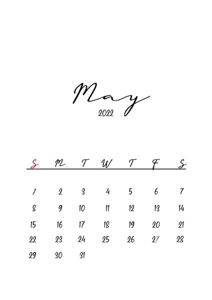 2022 Μάιος Μήνα Πρότυπο Ημερολόγιο Μινιμαλιστικό Σχεδιασμό — Φωτογραφία Αρχείου