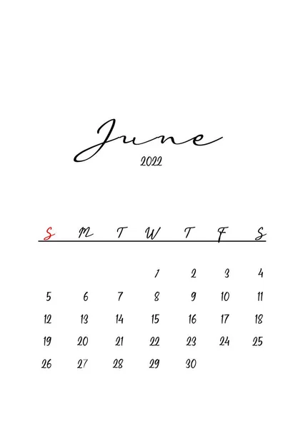 2022 Junho Mês Calendário Modelo Design Minimalista — Fotografia de Stock