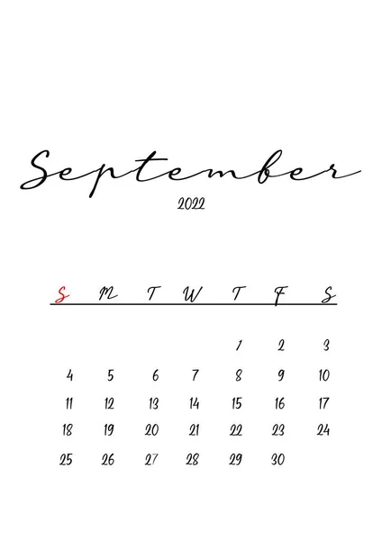 2022 Σεπτέμβριος Μήνα Ημερολόγιο Πρότυπο Μινιμαλιστικό Σχεδιασμό — Φωτογραφία Αρχείου