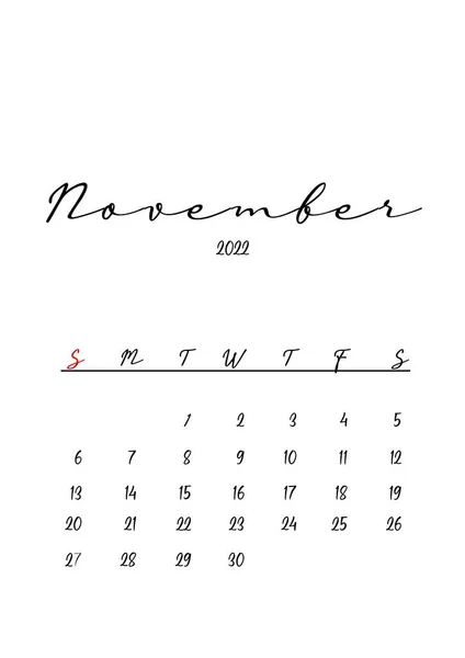 2022 Νοέμβριος Μήνα Ημερολόγιο Πρότυπο Μινιμαλιστικό Σχεδιασμό — Φωτογραφία Αρχείου
