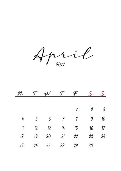 2022 Április Hónap Naptár Sablon Minimalista Tervezés — Stock Fotó