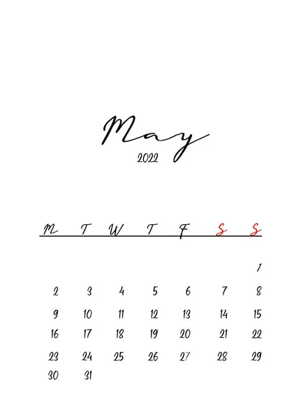 2022 Maj Månad Kalender Mall Minimalistisk Design — Stockfoto