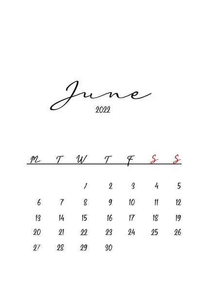 2022 Junho Mês Calendário Modelo Design Minimalista — Fotografia de Stock