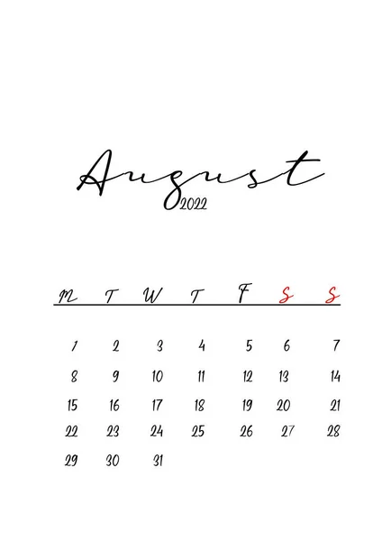 2022 Αύγουστος Μήνα Ημερολόγιο Πρότυπο Μινιμαλιστικό Σχεδιασμό — Φωτογραφία Αρχείου