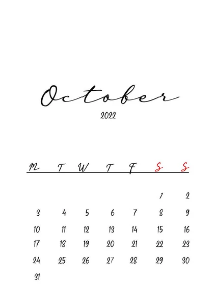 2022 Październik Miesiąc Kalendarz Szablon Minimalistyczny Projekt — Zdjęcie stockowe