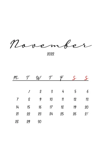 2022 November Monat Kalender Vorlage Minimalistisches Design — Stockfoto