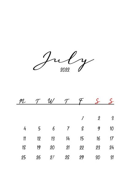 2022 Julho Mês Calendário Modelo Design Minimalista — Fotografia de Stock