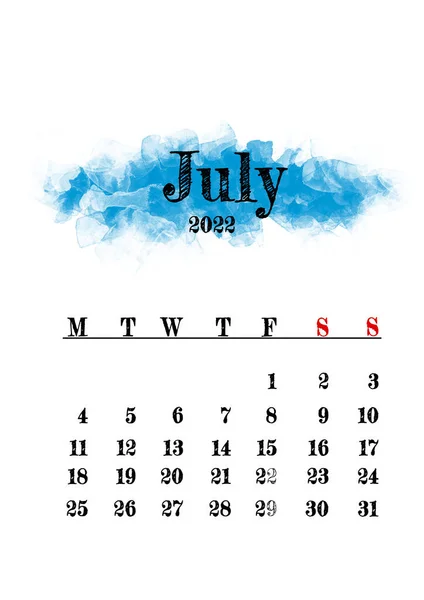 2022 Julho Mês Calendário Modelo Design Minimalista — Fotografia de Stock