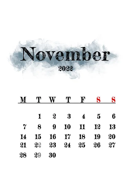 2022 Listopad Miesiąc Kalendarz Szablon Minimalistyczny Projekt — Zdjęcie stockowe
