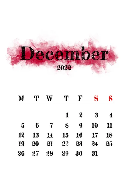 2022 December Månad Kalender Mall Minimalistisk Design — Stockfoto