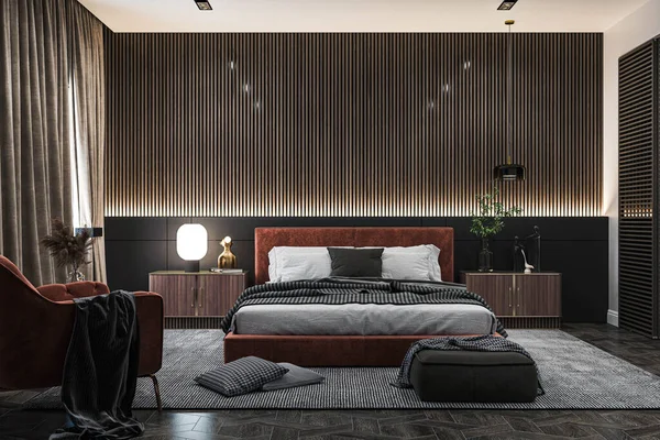 美しいベッドルーム インテリアスタイルの3Dレンダリング — ストック写真