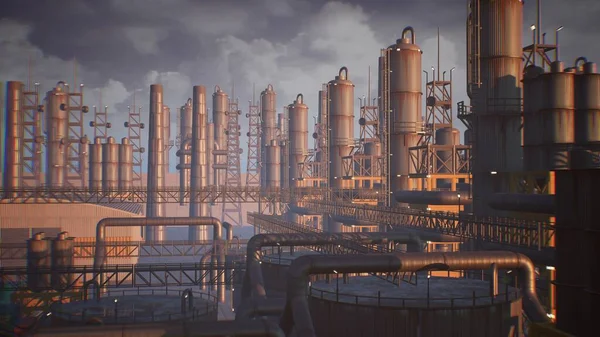 3d render of factory, industrial facility exterior, energy power plant