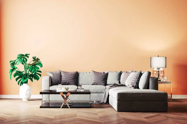 漂亮内饰沙发和地板植物的3D渲染 图库照片