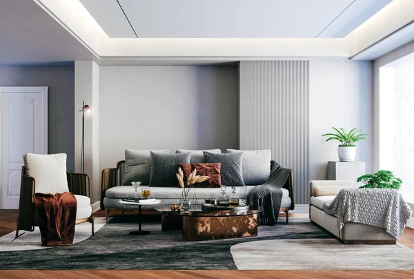 Render Interior Yang Indah Dengan Sofa Dan Kursi — Stok Foto