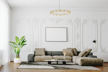 3d render of beautiful interior design, mock with empty frame