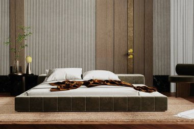 3 boyutlu güzel iç tasarım, yatak odası. 