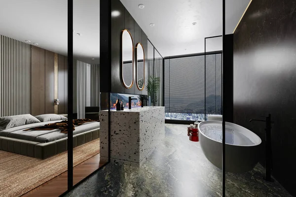 Render Beautiful Interior Bedroom Bathroom Modern Style — Stock fotografie