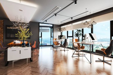 Modern ofis çalışma yerinin 3D çizimi