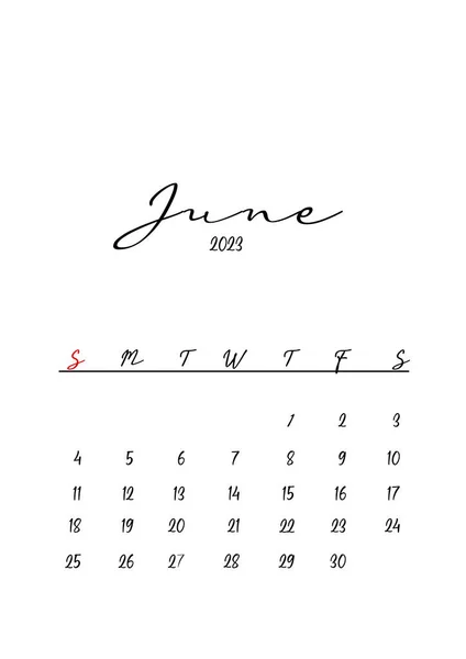 2023 Piękny Czysty Minimalistyczny Projekt Kalendarza Czerwiec — Zdjęcie stockowe
