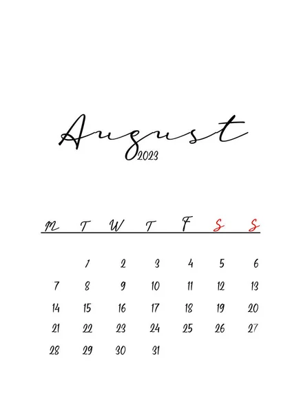 2023 Vacker Ren Minimalistisk Kalender Design Augusti — Stockfoto
