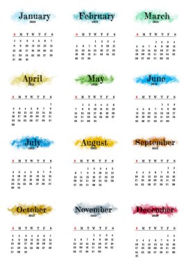 Tüm ayın 2023 yılı takvim soyut renk tasarımı
