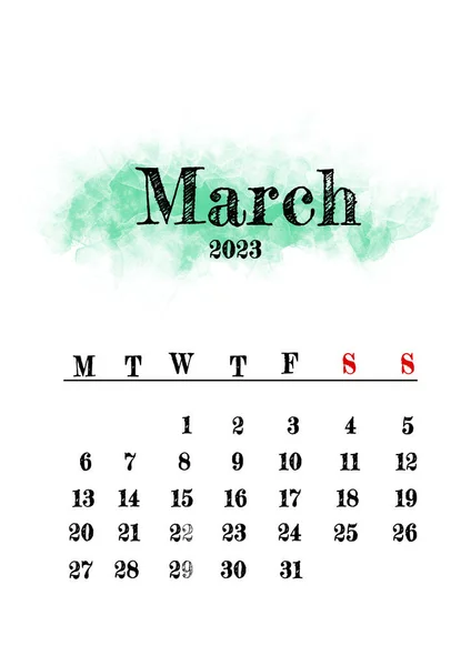 2023 Marzo Mese Modello Calendario Design Minimalista — Foto Stock