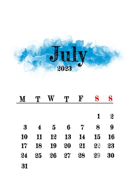 2023 Lipiec Miesiąc Kalendarz Szablon Minimalistyczny Projekt — Zdjęcie stockowe