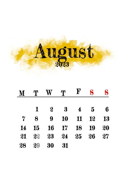 2023 Αύγουστος Μήνα Ημερολόγιο Πρότυπο Μινιμαλιστικό Σχεδιασμό — Φωτογραφία Αρχείου