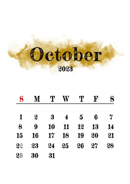 2023 Octubre Mes Calendario Plantilla Diseño Minimalista Imagen de stock