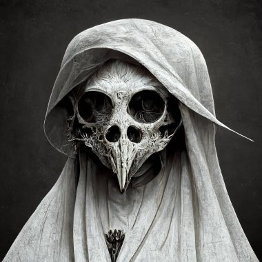 Portrait of the Reaper , fantasy dark portrit of scharry character with raven skull as a mask, Halloween image.