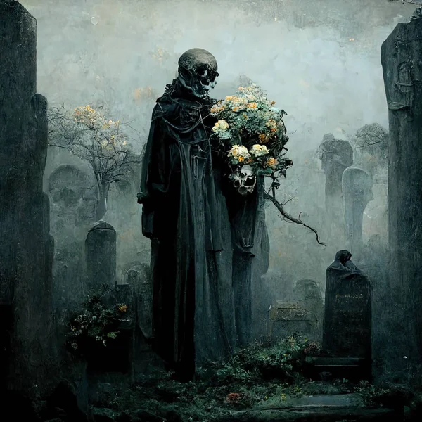 A ghost with  skull head and robe, in cemetery, memento mori fantasy image for use as a Halloween theme, game , books or in movies,, dark mood, fantasy