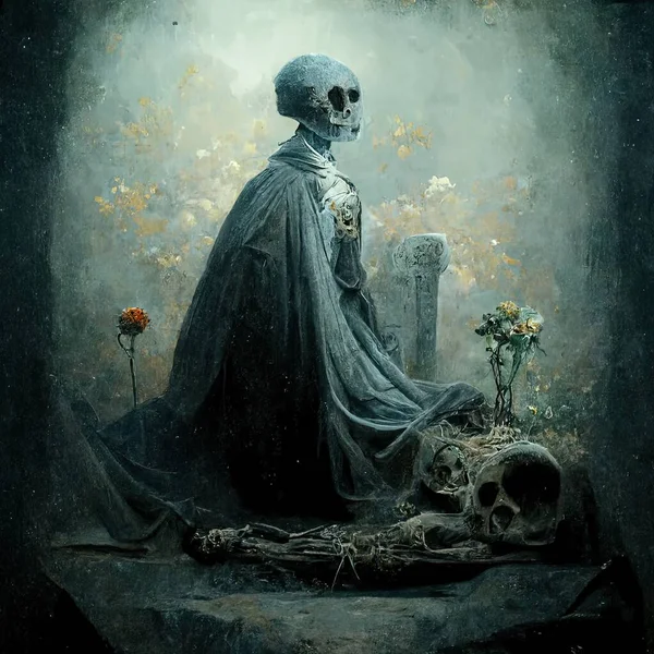 A ghost with  skull head and robe, in cemetery, memento mori fantasy image for use as a Halloween theme, game , books or in movies,, dark mood, fantasy