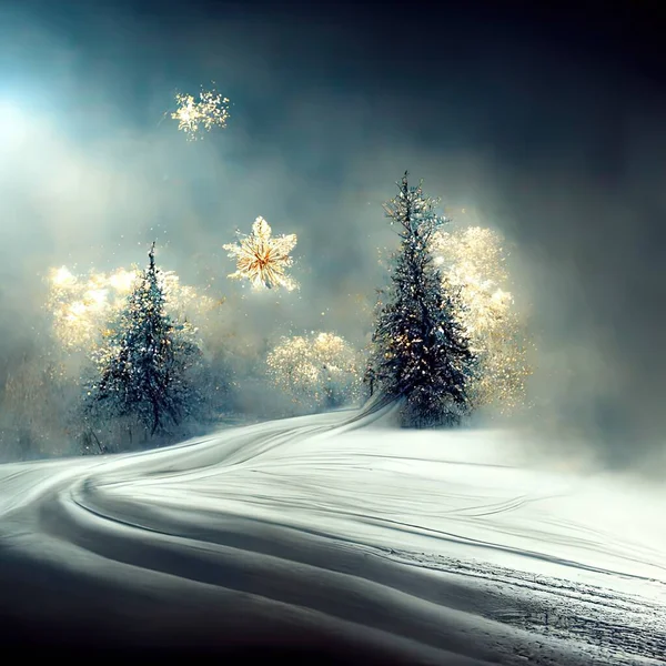 Magical forest with fantasy Christmas tree, magical Christmas time, snow and snowflakes, winter decoration, Fairy tale beautiful image for use in books, card, movies, cartoons