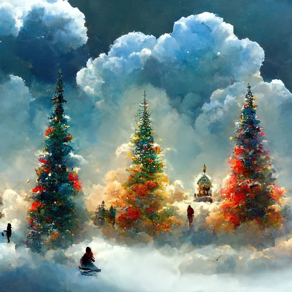 Magical forest with fantasy Christmas tree, magical Christmas time, snow and snowflakes, winter decoration, Fairy tale beautiful image for use in books, card, movies, cartoons