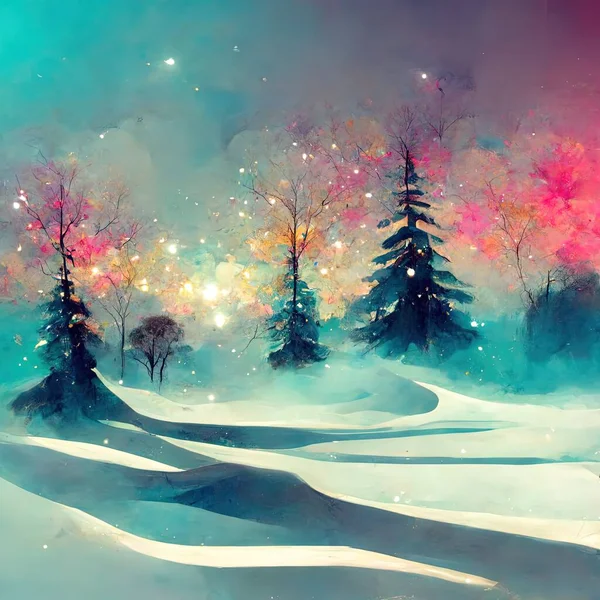 Magical forest with fantasy Christmas tree, magical Christmas time, snow and snowflakes, winter decoration, Fairy tale beautiful image for use in books, card, movies, cartoons