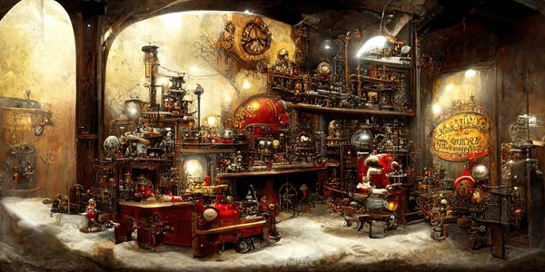Fairy tale Santa\'s toy factory, Christmas scene, winter illustration, cartoon, in cyberpunk style colors,