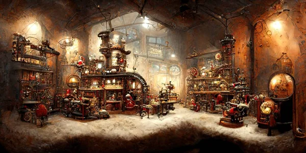 Fairy tale Santa\'s toy factory, Christmas scene, winter illustration, cartoon, in cyberpunk style colors,