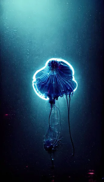 Beautiful blue jellyfish in deep dark water