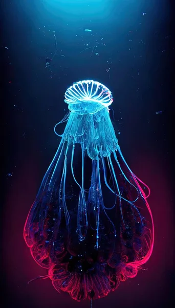 Beautiful blue jellyfish in deep dark water