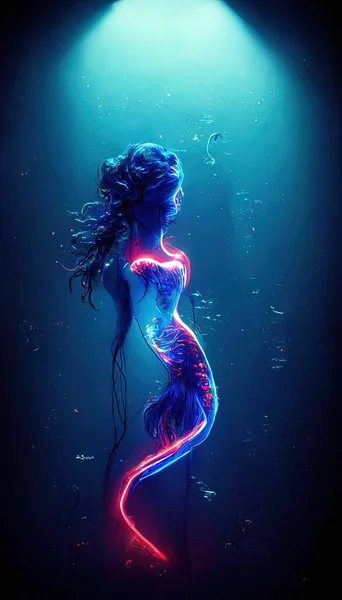 Beautiful mermaid swimming in deep blue sea