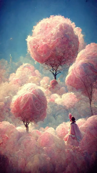 Fairytale story with pink cotton candy trees and clouds