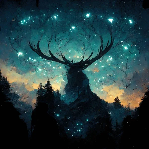 Stag silhouette on a night sky with bright stars an forest outline
