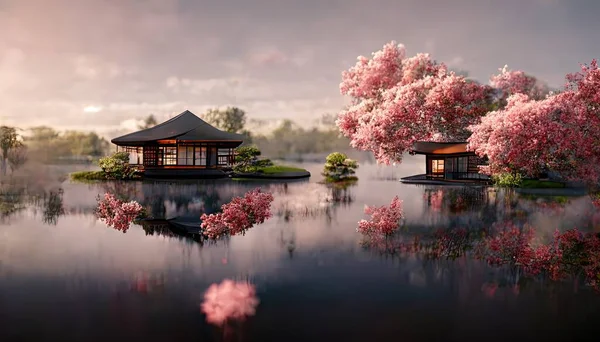 Japonese garden with cherry blossom, sakura, with water lake and japonese houses